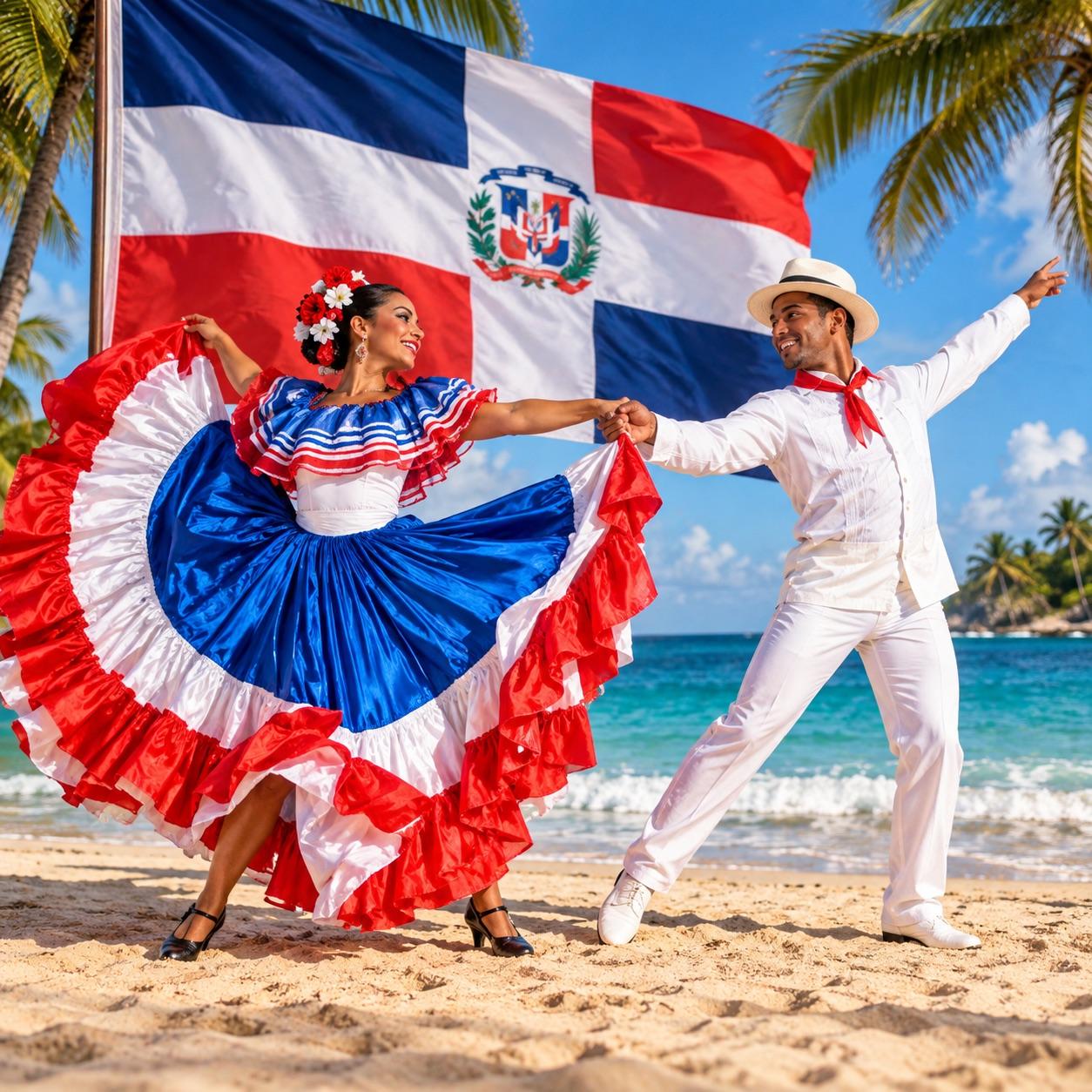 Pareja bailando en una playa con traje típico dominicano, ella con falda de volantes en rojo, blanco y azul y él de blanco con sombrero, delante de una gran bandera de la República Dominicana